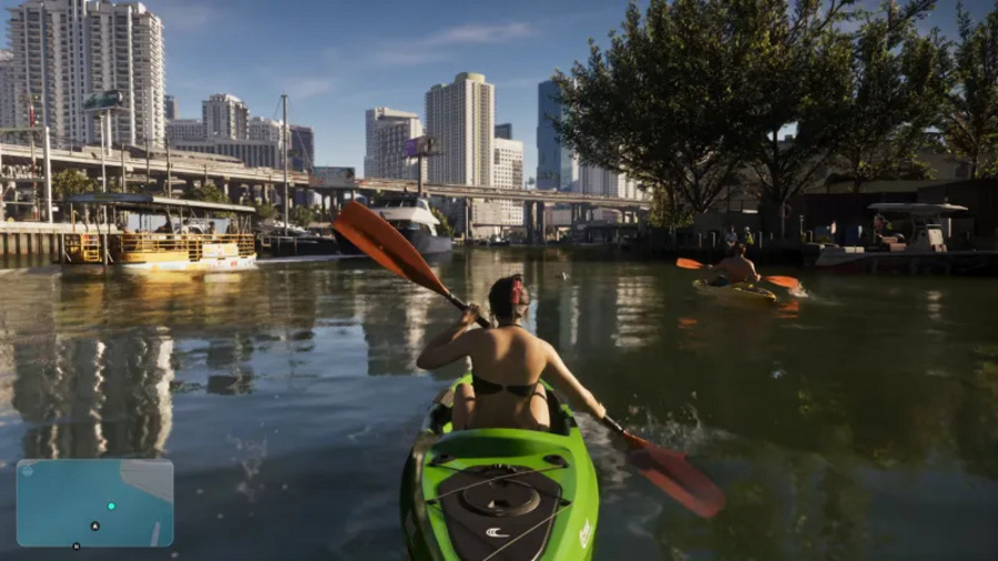 Jason e Lucia remando de caiaque em Grand Theft Auto VI