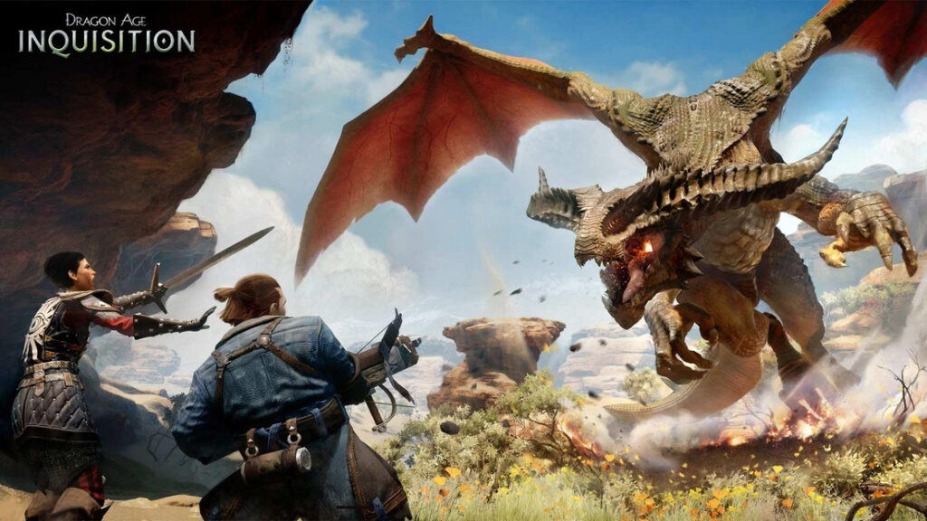 Arte oficial de Dragon Age Inquisition, da BioWare, com dragão em combate