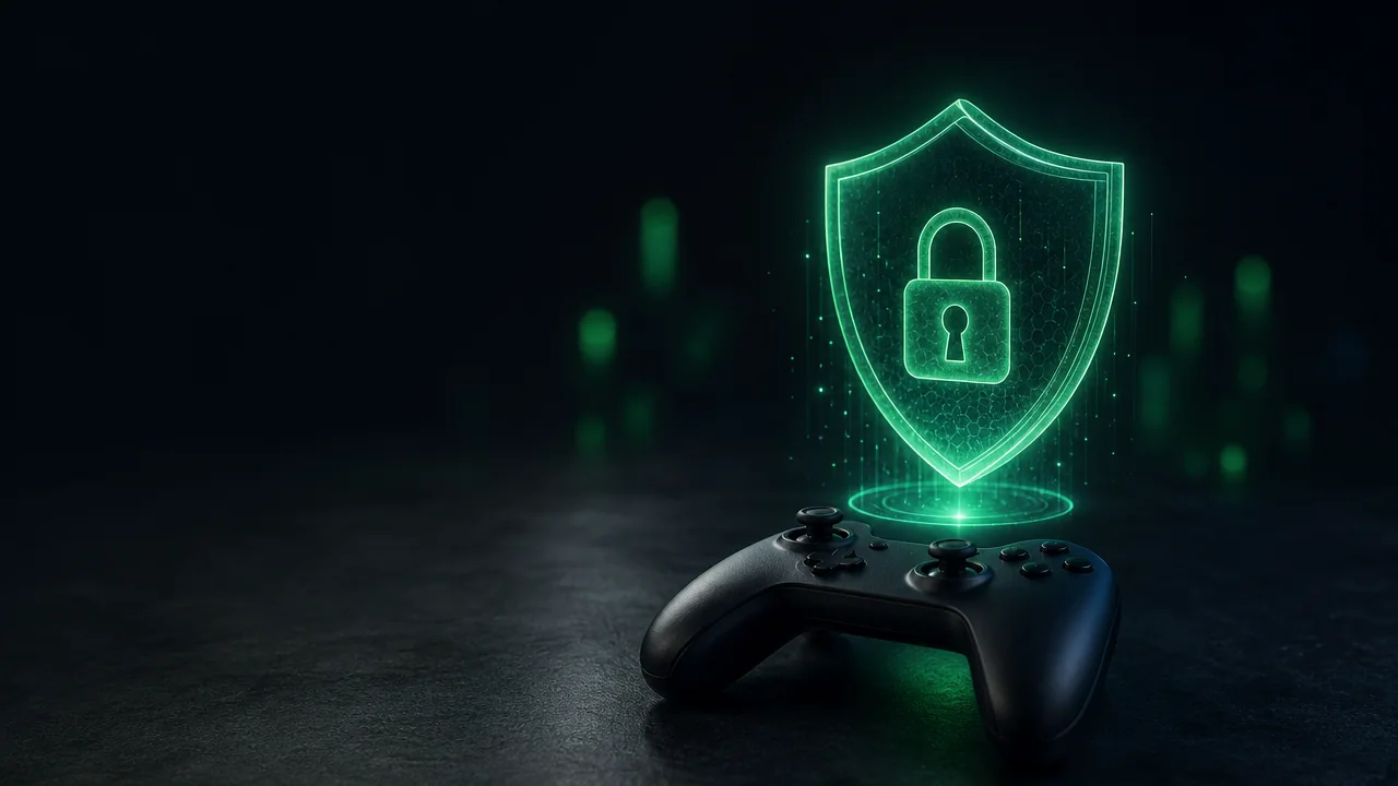 Escudo com cadeado acima de um controle de videogame