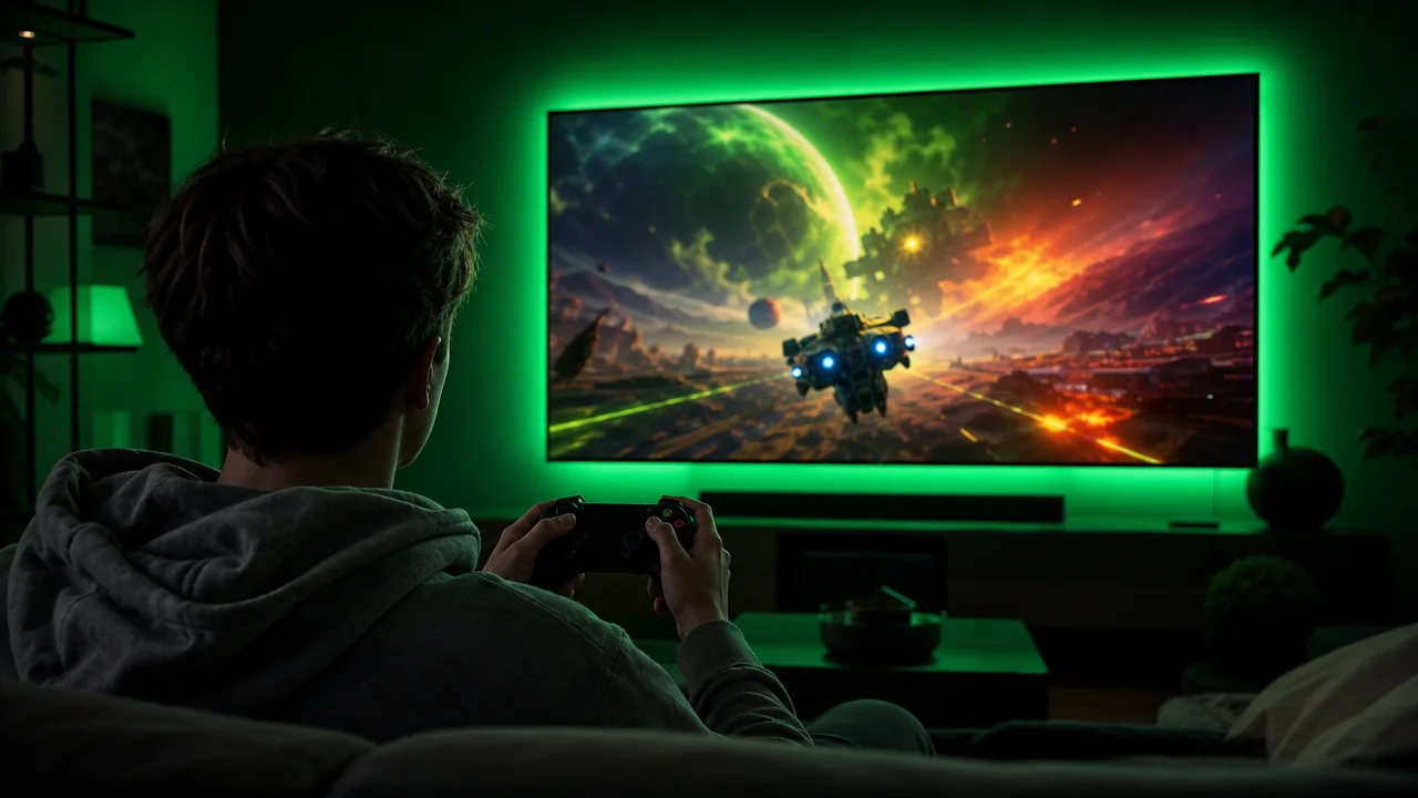 Gamer jogando no Xbox em uma sala com luz verde