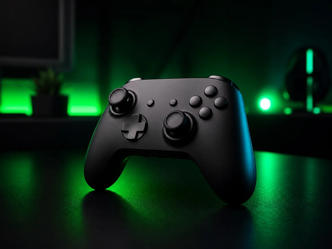 Controle de videogame iluminado em verde sobre a mesa