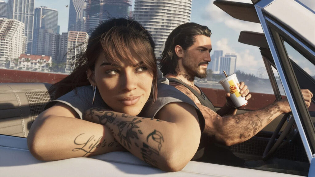 Jason e Lucia em um conversível em Vice City no GTA 6
