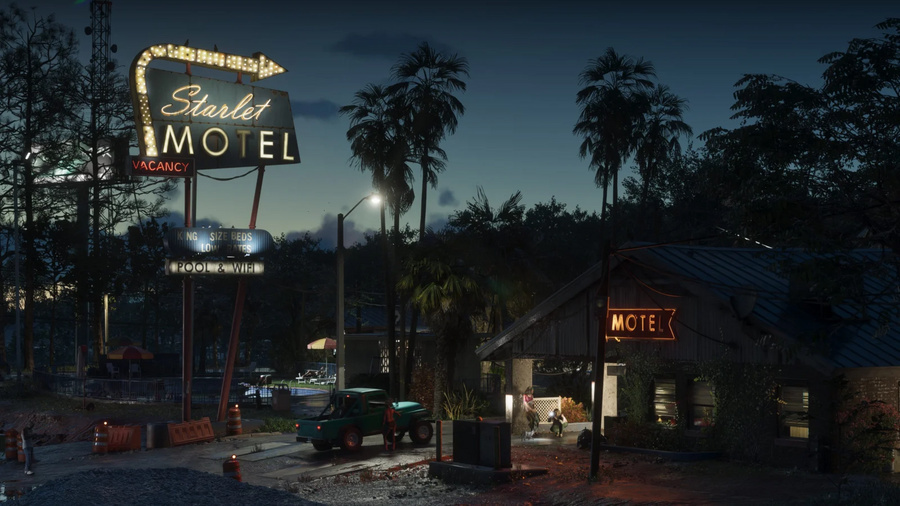 Motel à noite em Port Gellhorn, no estado de Leonida, no GTA 6