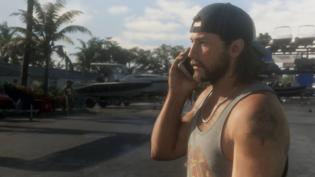 Jason ao telefone na marina, cena do trailer de lançamento do GTA 6