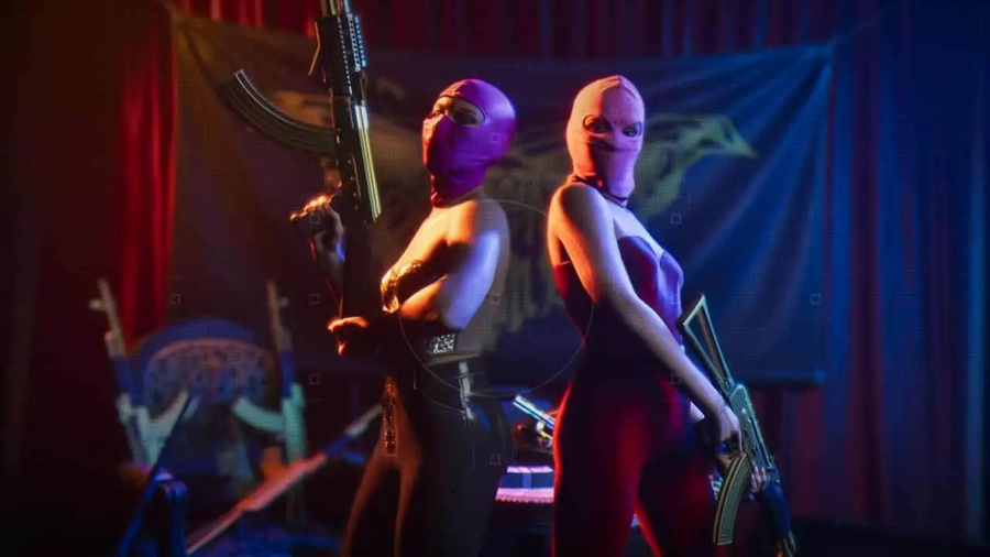 Duas mulheres com balaclavas rosa e fuzis no trailer do GTA 6